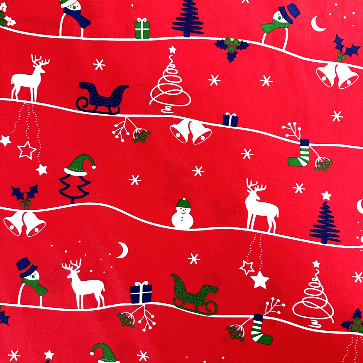 Cotton Fabric - Snowman, reindeer and Christmas trees