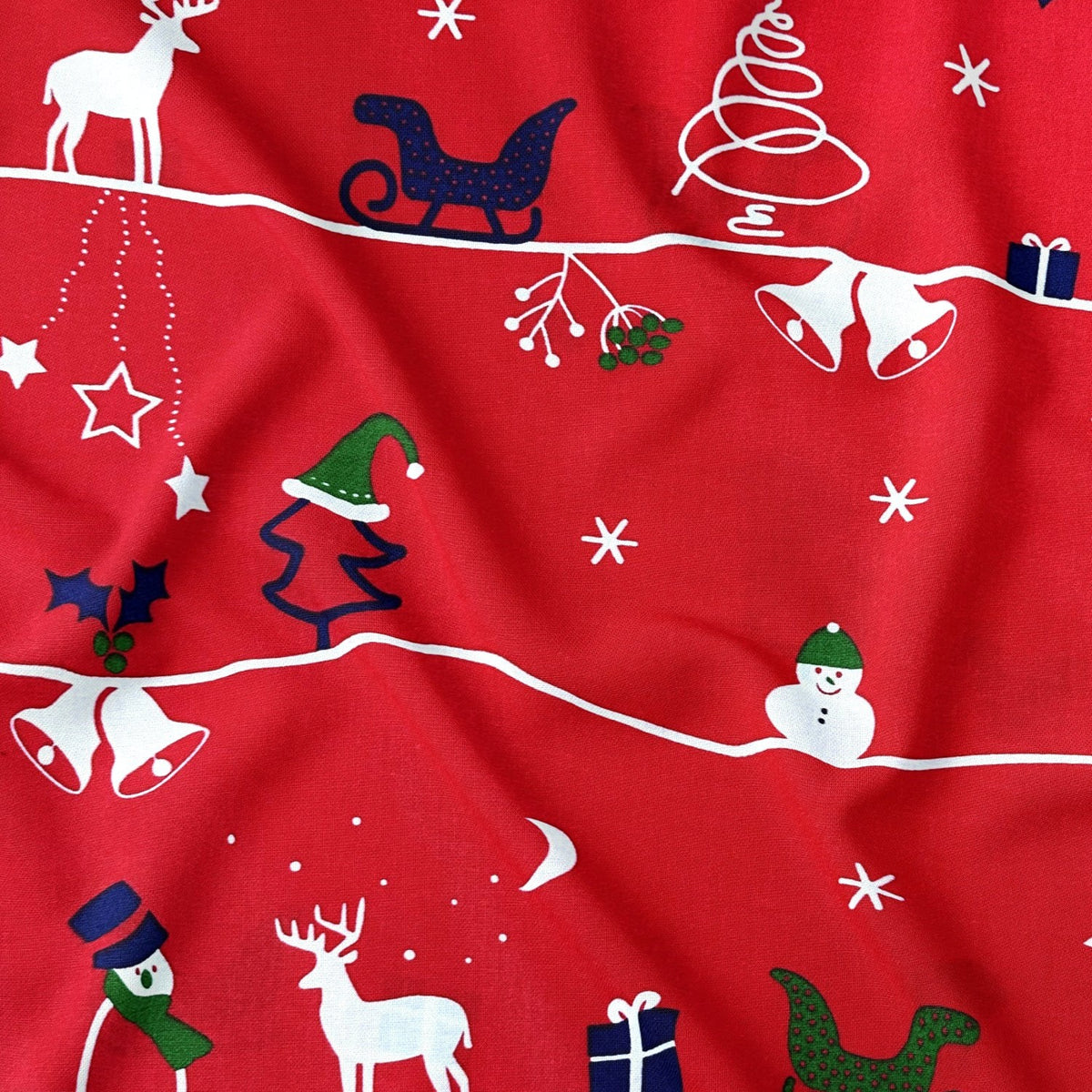 Cotton Fabric - Snowman, reindeer and Christmas trees