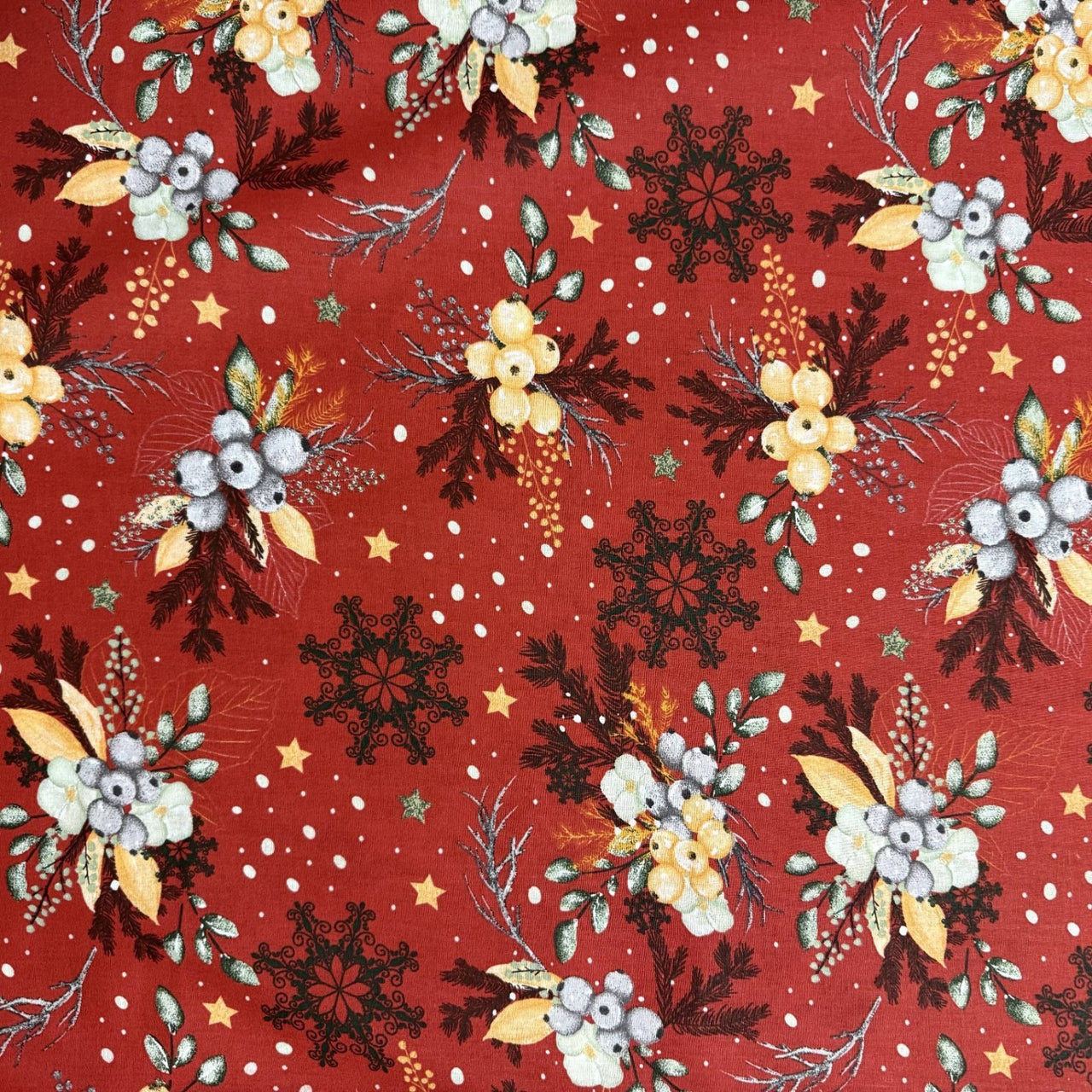 Cotton Fabric - Winter composition on red background