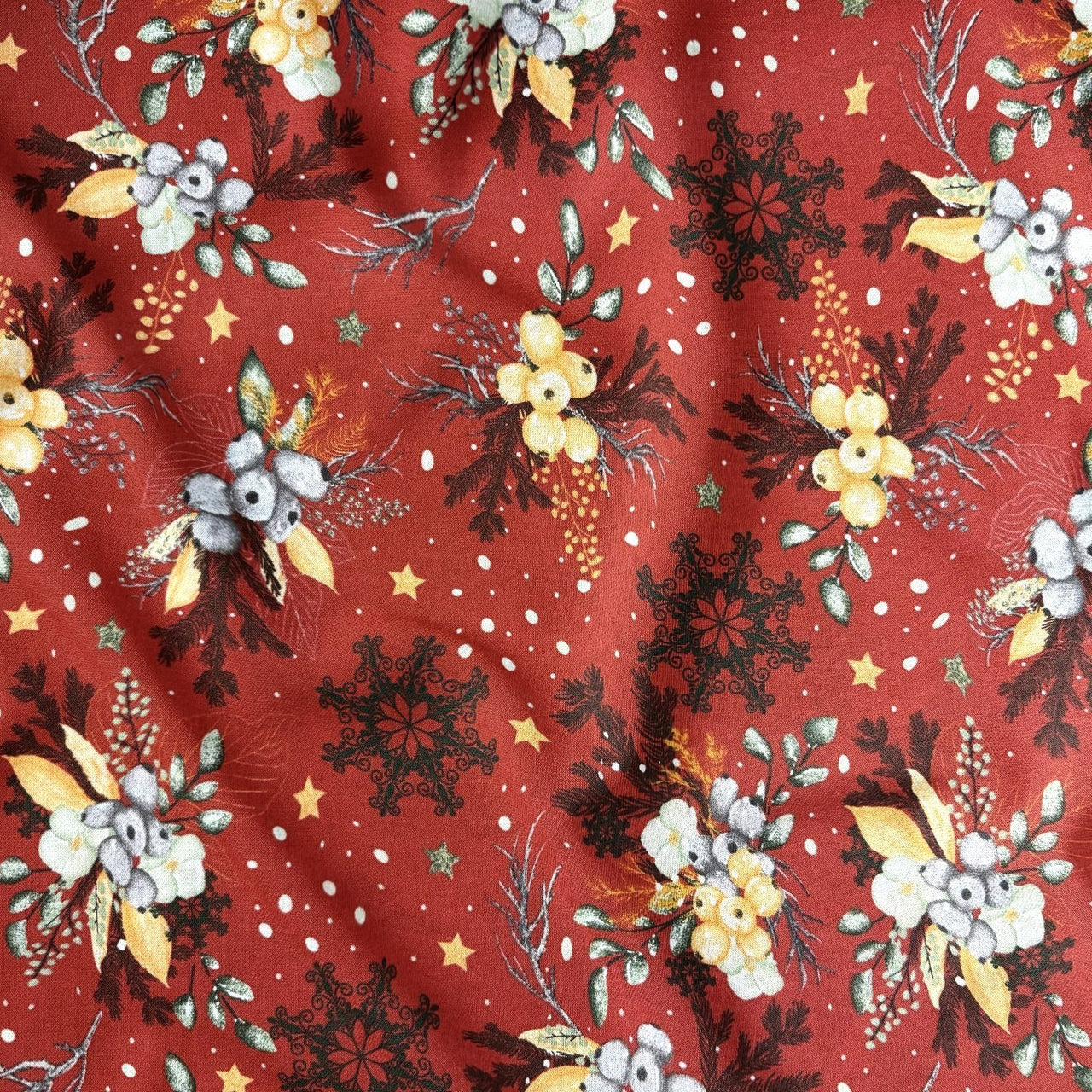 Cotton Fabric - Winter composition on red background