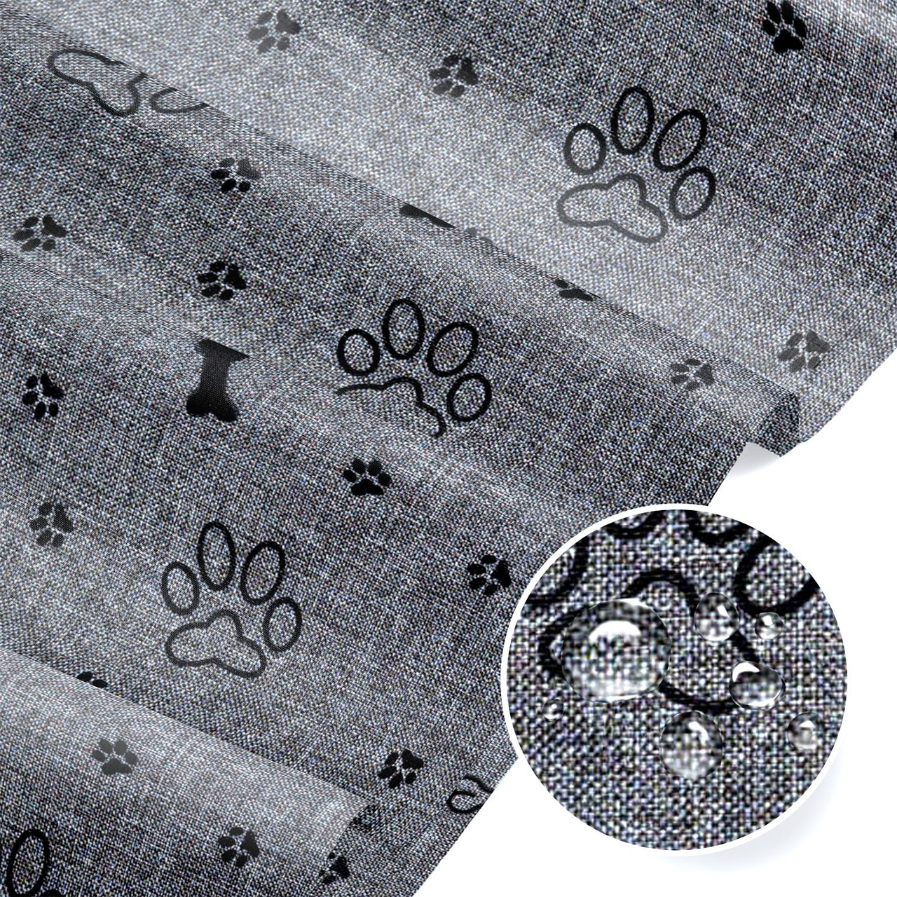 Water Resistant Fabric Oxford - Black Bones and Paws on Grey