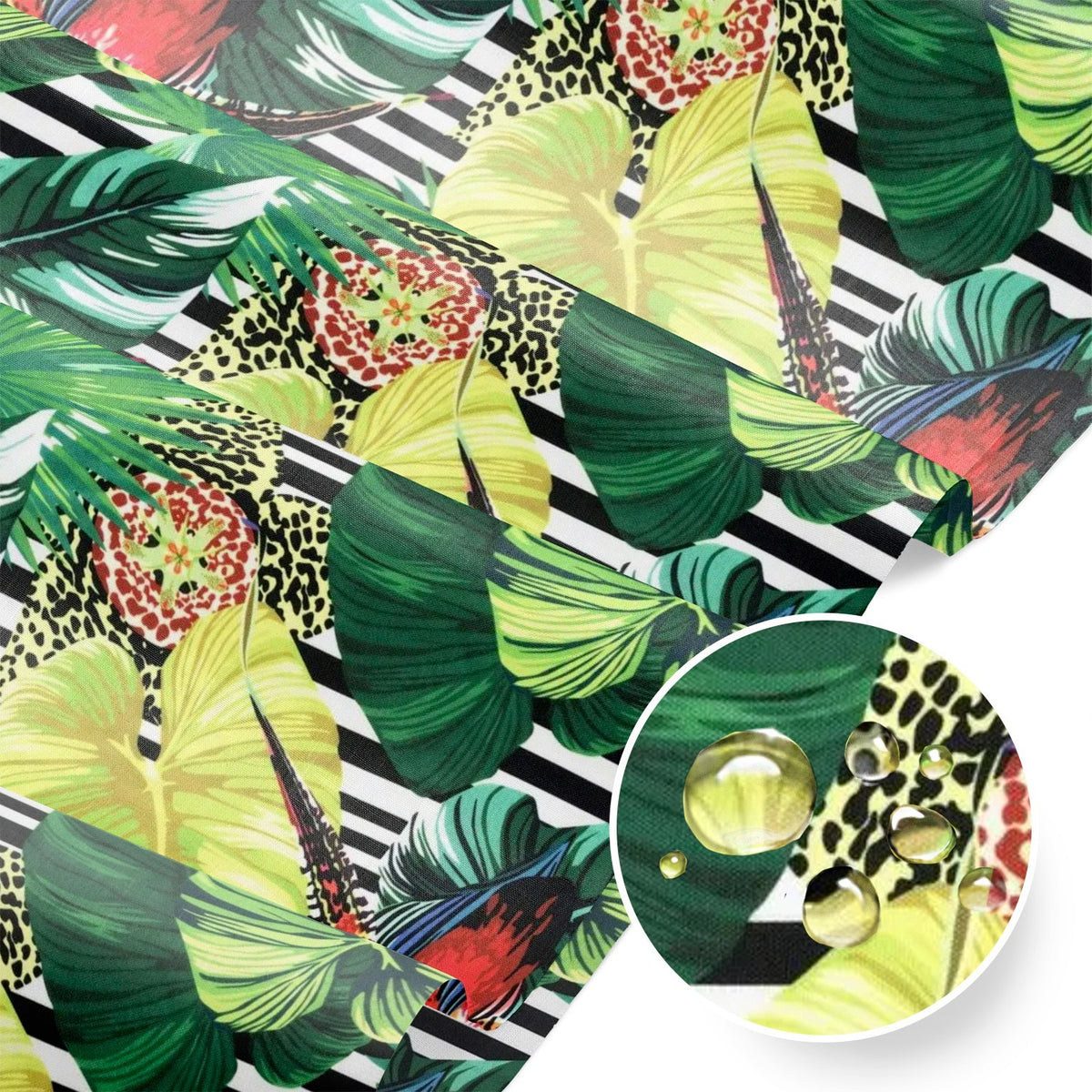 Water Resistant Fabric Oxford - Monstera Palm Leaves Stripes
