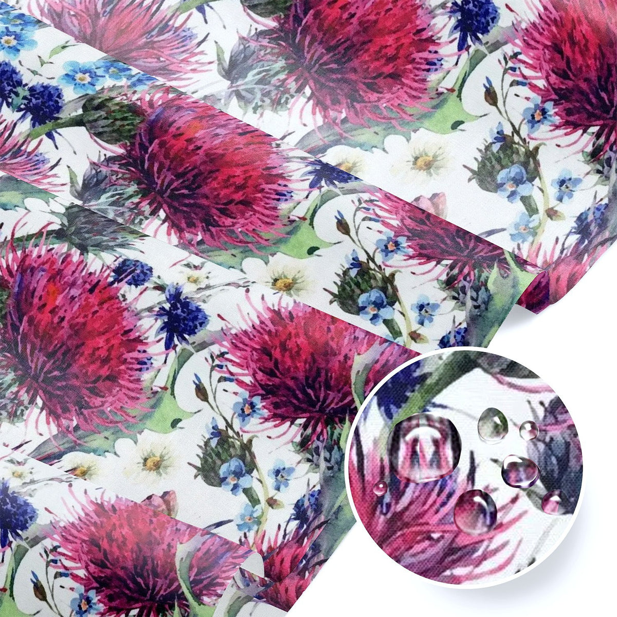 Water Resistant Fabric Oxford - White Thistles