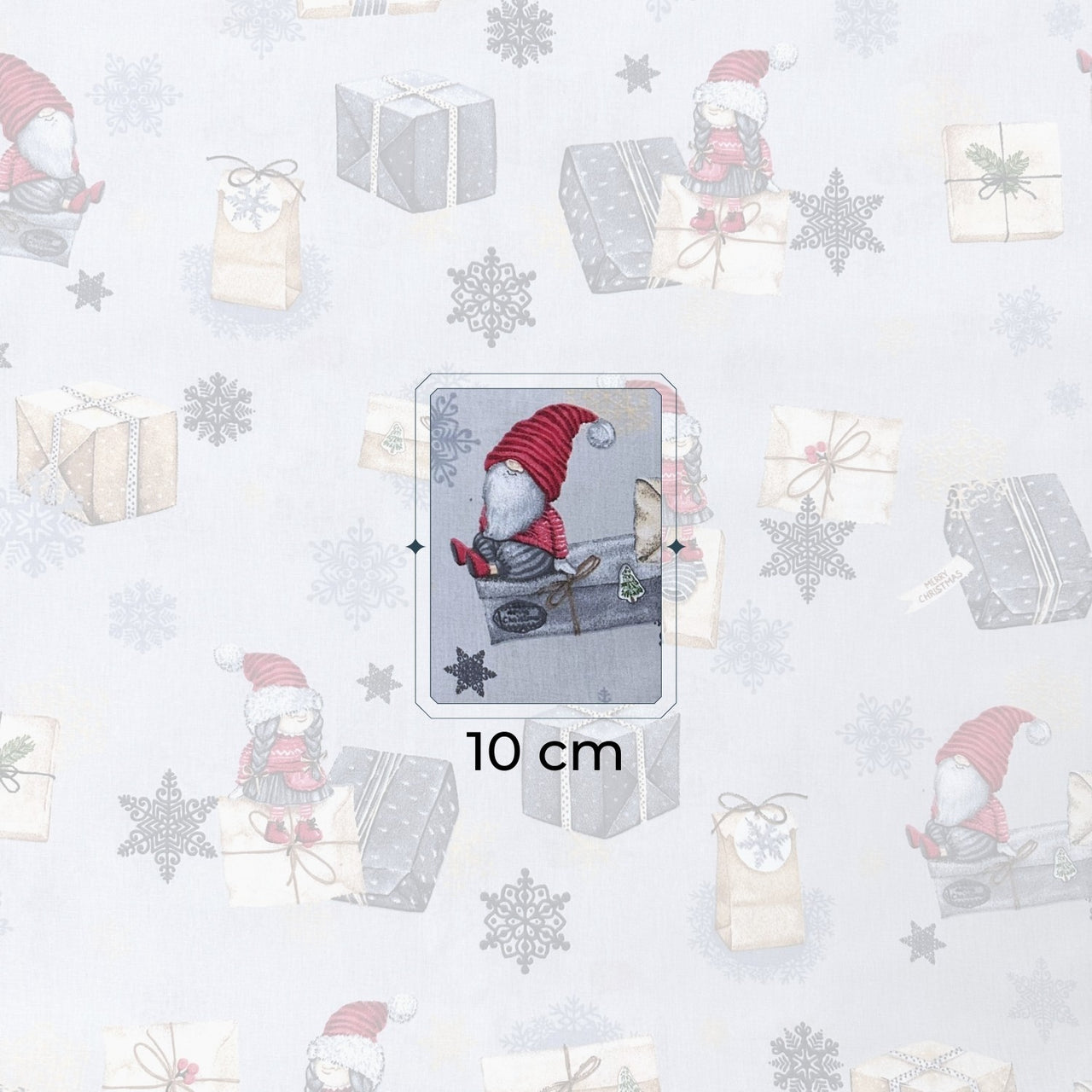 Cotton Fabric - Christmas gnomes with gifts and letter on gray - PINaPIN
