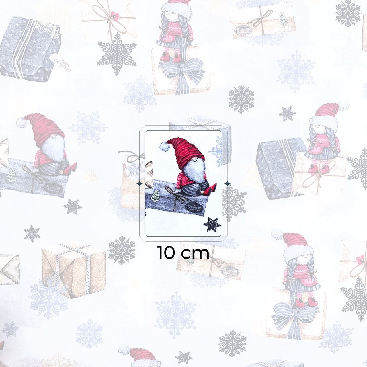 Cotton Fabric - Christmas gnomes with gifts and letter on white - PINaPIN